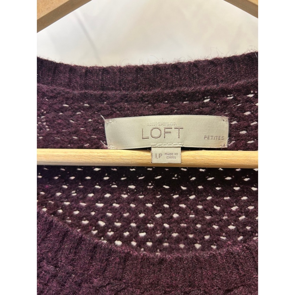 Loft Sweater Women PL Purple Excellent Basketweave Open Knit Wool Blend Raglan - Picture 3 of 5